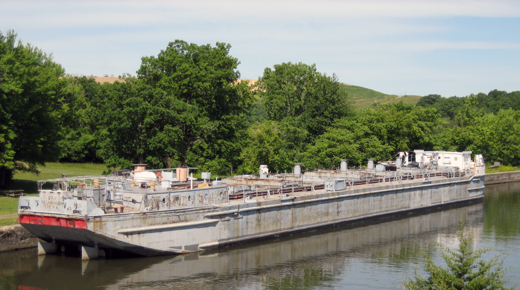 Day Peckinpaugh canal motorship moored at Lick 6 Canal State Park, near Cohoes, NY