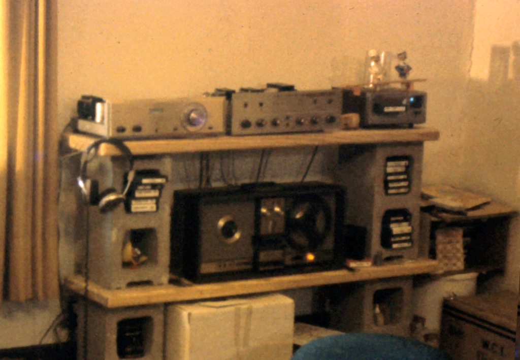 Stereo system with Scott tuner, Fischer amp, Sound Design 8-Track, and a reel-to-reel tape machine