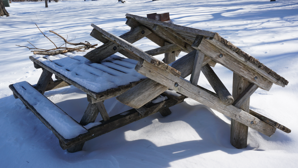 Picnic tables waiting for spring