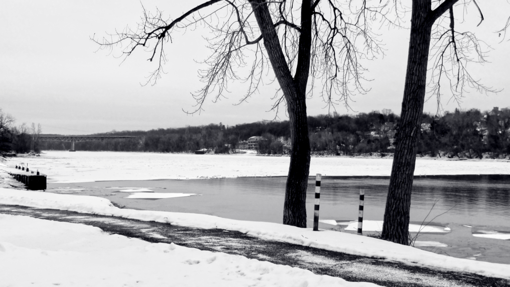 Sheet of ice on the Hudson River at Albany looking north with the Patroon Island Bridge in the distance