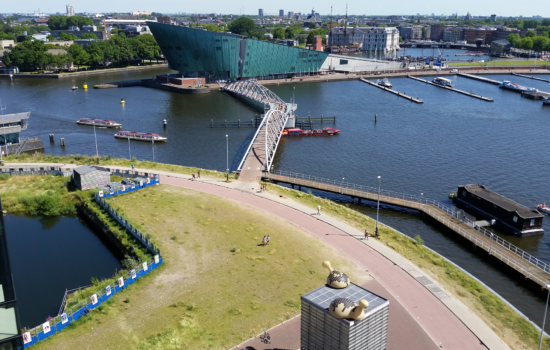 NEMO Science Museum as seen from the top floor cafeteria in the public library, Amsterdam